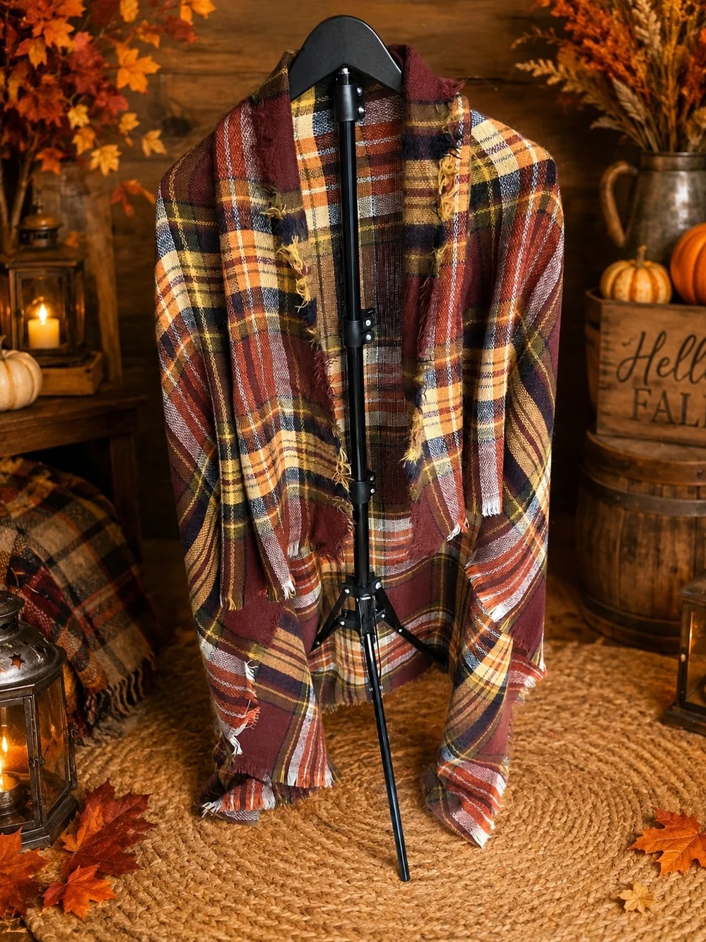 Oversized Autumn Plaid Blanket Scarf – Cozy Tartan Winter Shawl Wrap